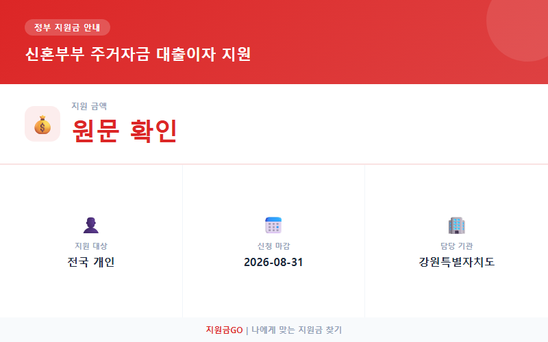 강원특별자치도 신혼부부 주거자금 대출이자 지원, 조건 없이 받을 수 있나요? 지원 요약 정보