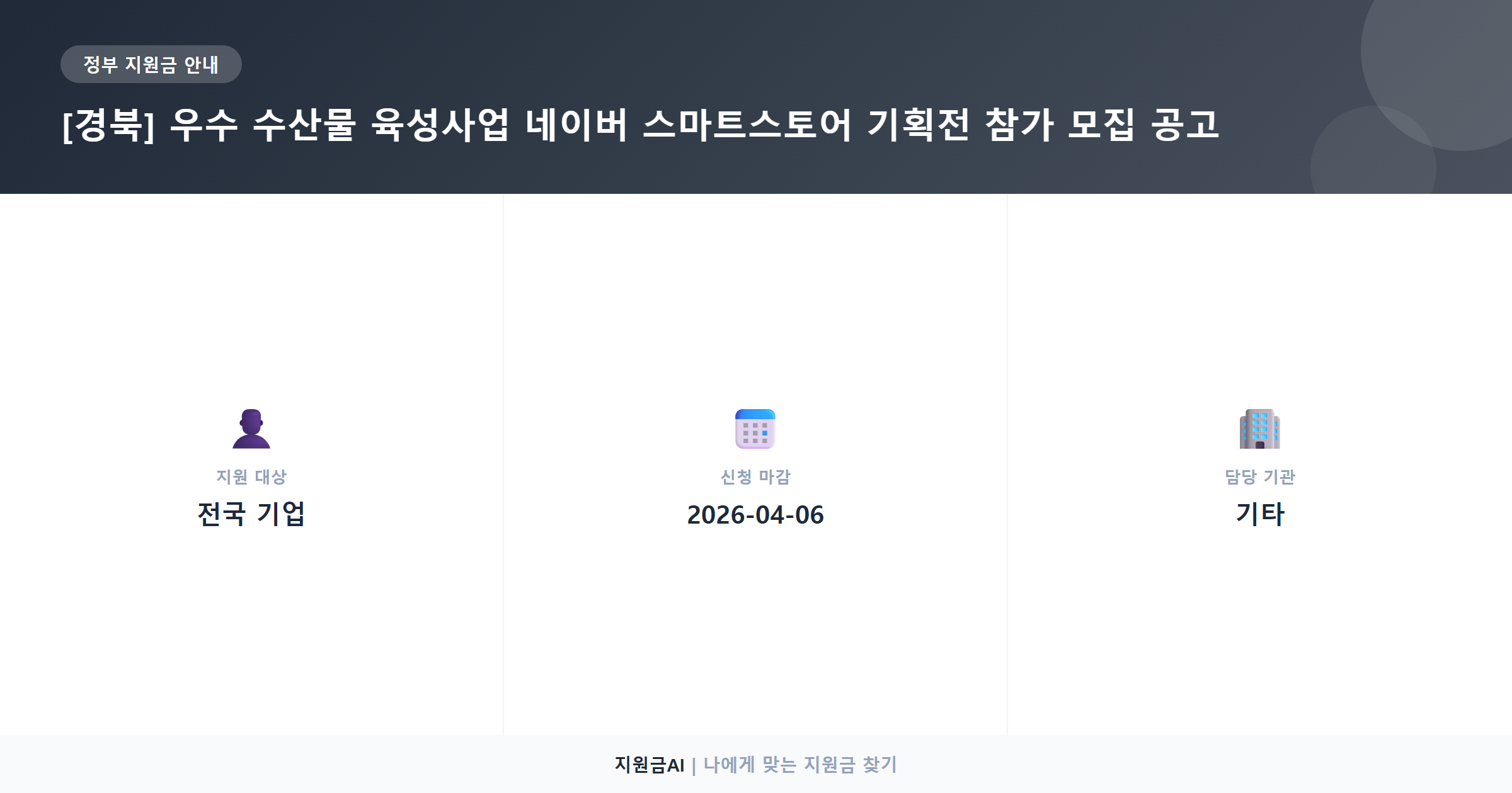 경북 수산기업 네이버 스마트스토어 기획전, 온라인 판로 확대 지원사업! 지원 요약 정보